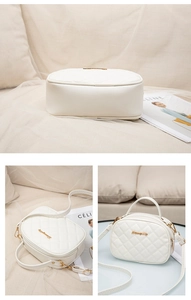 Detailed close-up of a white quilted rhombus patterned handbag with gold hardware