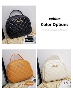 Three-color display of quilted crossbody bags in black, yellow, and beige with metal logos