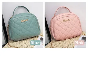 Detailed comparison of quilted crossbody mini bags in blue and pink with gold chain straps