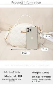 Detailed view of white quilted PU handbag with dimensions 19x14x7cm and 0.50kg weight