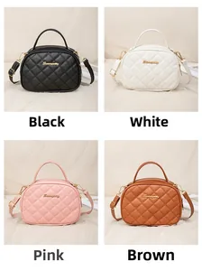 Detailed grid view of quilted handbags with gold metal logos in four elegant colors