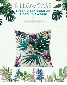 Detail of imitation linen pillowcase featuring tropical leaves and hidden zipper