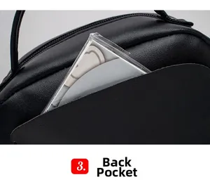 Close-up of black lychee grain leather crossbody bag showing functional back patch pocket