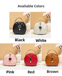 Detailed grid of quilted mini round bags in five colors with gold chain straps and cat pendants