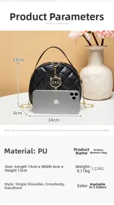 Size comparison of black quilted mini bag showing 14cm width next to a smartphone
