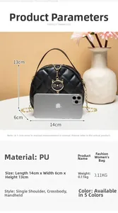 Detailed view of black quilted mini round bag with PU leather and metal cat heart buckle