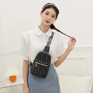 Women's black crossbody chest bag with white letter print and adjustable wide strap