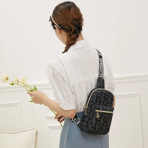 Women's black nylon crossbody chest bag with white VIFN letter print and adjustable strap
