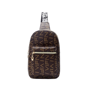 Brown crossbody chest bag with yellow letter prints and black white striped strap