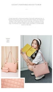 Pink quilted tote bag detail with matching pouch and stylish diamond stitching pattern