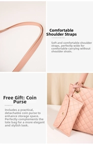 Detail view of pink quilted tote bag with detachable coin purse and wide shoulder strap