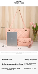 Detailed pink quilted tote bag specifications showing PU leather material and size details
