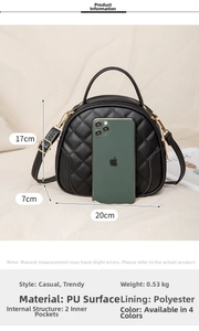 Quilted semi-circle crossbody bag size comparison with smartphone measuring 20x17x7cm