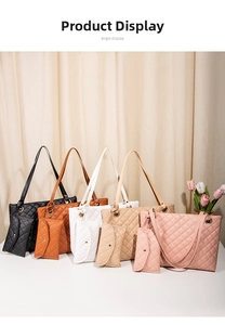 Detailed display of five colors of quilted tote bags with matching small pouches