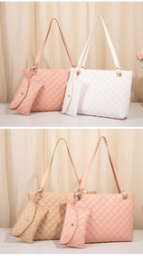 Detailed set of four quilted tote bags with matching envelopes in soft pastel tones