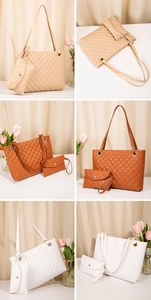 Quilted tote bag set with matching small zipper pouch in apricot, brown and white