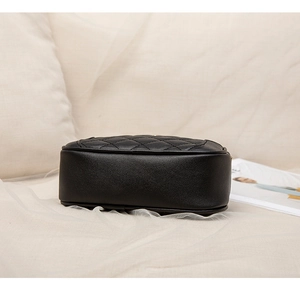 Detailed bottom view of black quilted leather handbag with fine stitching textures
