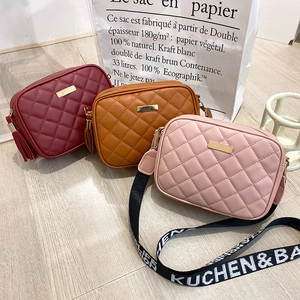 Quilted Crossbody Bag For Women PU Leather Lattice Camera Bag With Wide Letter Shoulder Strap Tassel Casual Daily