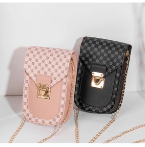 Vertical phone bag with gold metal clasp and floral pattern on pink and black leather