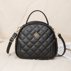 Quilted Diamond Pattern Crossbody Bag Women PU Leather Gold Flower Logo Top Handle Semi Circular Small Shoulder Handbag