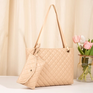 Quilted Rhombus Pattern Tote Bag With Pouch Large Capacity PU Leather Shoulder Bag For Women Daily Work