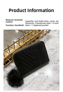 Detail of black V-quilted faux leather wallet showing card slots and zipper pocket