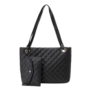Quilted black tote bag set with matching pouch and gold hardware for women's daily use