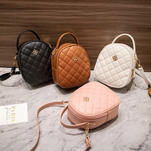 Women Mini Round Quilted PU Leather Crossbody Bag With Floral Metal Buckle Top Handle Fashion Trendy For Girls