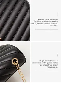 Detail of black quilted leather texture with gold metal chain and scratch-resistant fabric