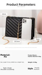 Detailed product dimensions for the black quilted crossbody bag with golden chain and tassel