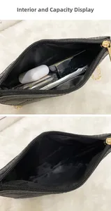 Internal view of quilted crossbody bag showing capacity for phone and accessories