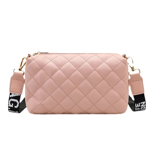 Pink quilted crossbody bag with stylish wide logo strap and elegant golden hardware