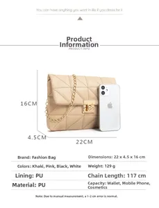 Quilted small chain bag size guide showing dimensions 22x4.5x16cm with smartphone for scale