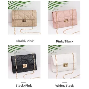Detailed grid view of small embroidered chain bags in khaki, pink, black, and white colors