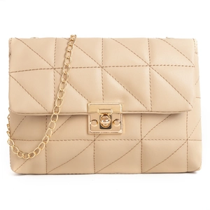 Elegant beige quilted shoulder bag with gold chain strap and rectangular metal twist lock