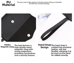 Detail of black lychee grain PU leather envelope clutch with magnetic snap closure