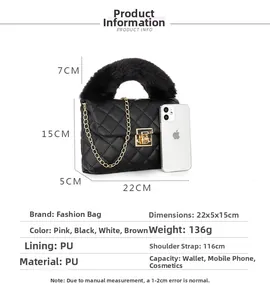 Quilted crossbody bag dimensions 22x5x15cm with faux fur handle and gold chain strap