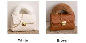 Detail of quilted flap bags with faux fur handles in cream white and caramel brown colors