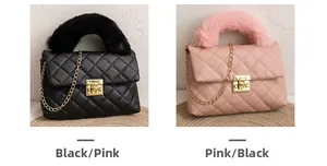 Close-up of quilted PU leather bags with faux fur handles and gold metal turn-locks