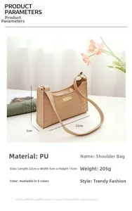 Detailed size parameters of apricot woven PU shoulder bag measuring 22x5x15cm