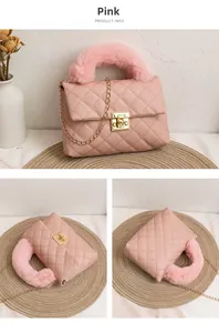 Detail of pink quilted handbag featuring furry handle and golden twist lock closure