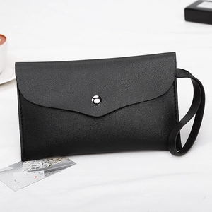 Women's black nappa textured envelope clutch bag with silver snap and wristlet strap