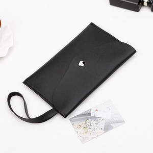 Litchi pattern black leather envelope clutch bag with silver snap and wristlet strap