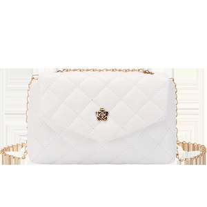 White quilted PU leather crossbody phone bag with gold flower clasp and chain strap