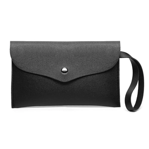 Minimalist black pebble leather envelope clutch bag with silver button and wrist strap