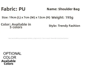 Detailed size specifications for a stylish PU shoulder bag 19x7x12cm with 5 colors