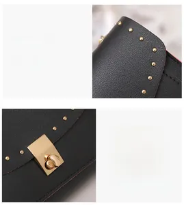 Detail view of black pebbled leather texture with golden rivets and a twist lock closure