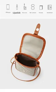 Quilted crossbody phone bag interior showing space for lipstick, mascara and cushion