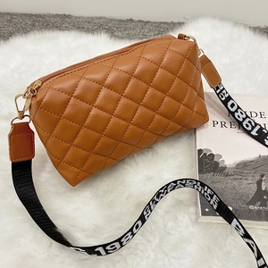 Brown quilted crossbody bag with letter print wide strap and gold hardware accents