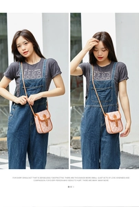 Outdoor model display of pink quilted crossbody phone bag with brown leather details